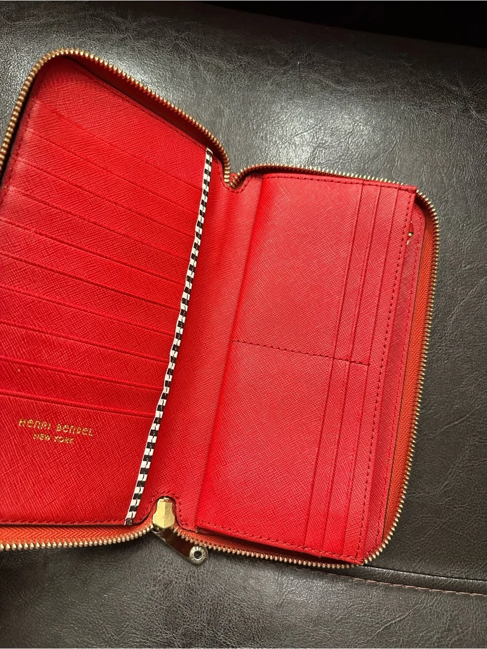 Henri Bendel Red Saffiano Leather Zip Around Wallet Clutch Organizer